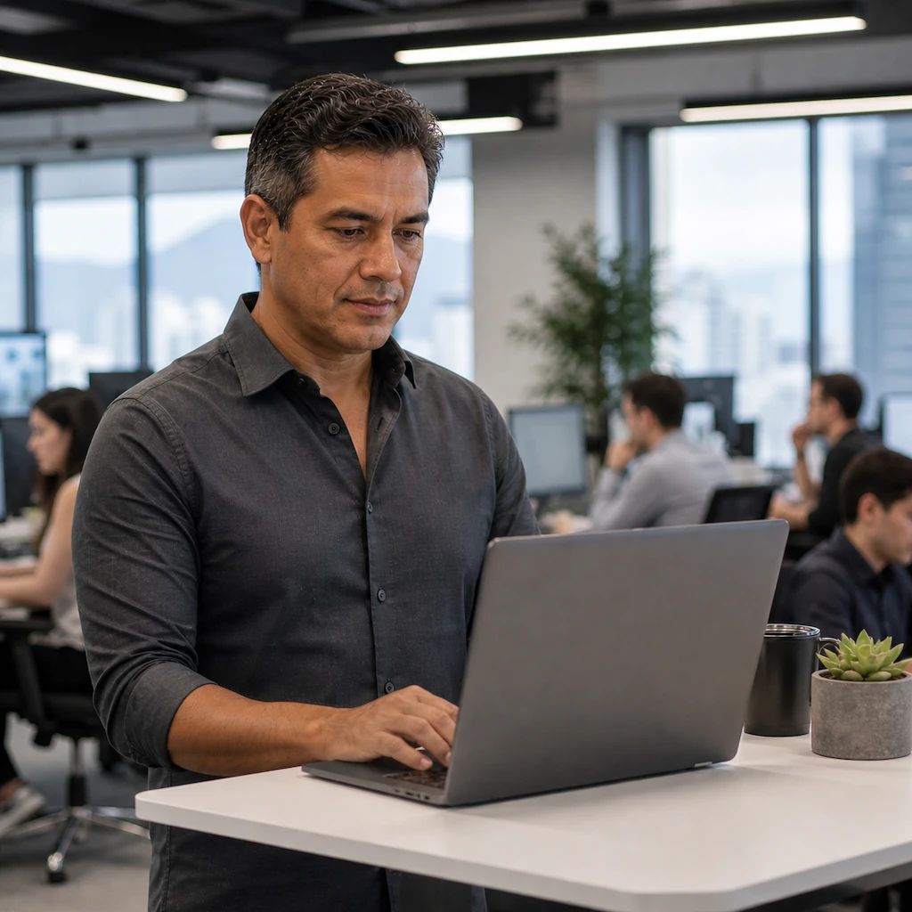 Ejecutivo corporativo revisando datos de salud de empleados en laptop en oficina moderna