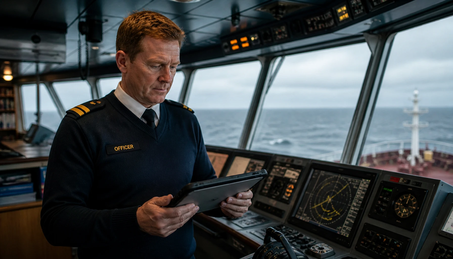 Maritime officer on navigation bridge reviewing crew health dashboard on tablet